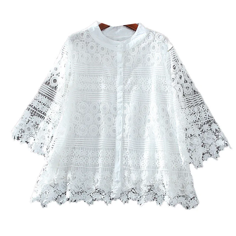 

SuperAen 2021 European Big Size Loose Lace A Line Fashion Temperament Casual Shirt Top Hollow Out White Blouse