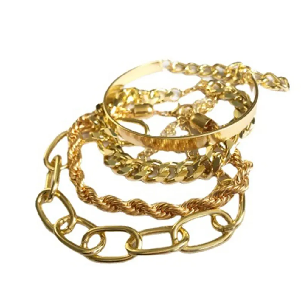 

4pcs/set Punk Curb Cuban Chain Bracelets Set For Women Miami Boho Thick Gold Color Charm Bracelets Bangles Jewelry