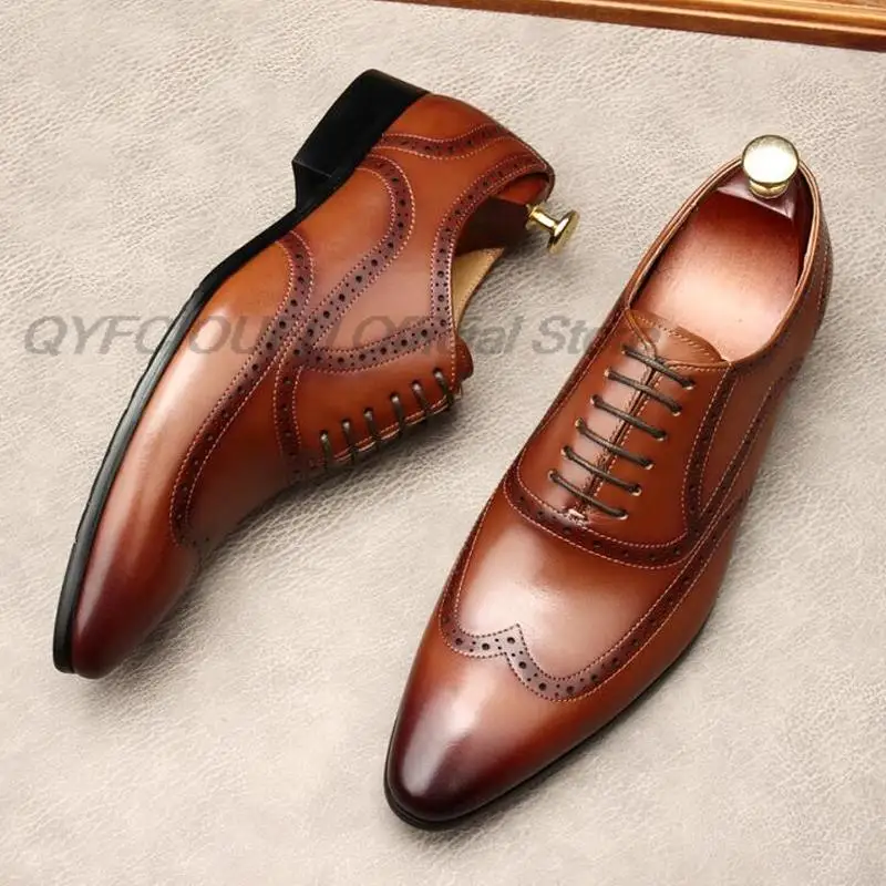 

Туфли-оксфорды мужские из натуральной кожи, классические, на шнуровке, заостренный носок, броги, свадебная деловая обувь, черные коричневые