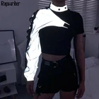 Модная Светоотражающая Толстовка Rapwriter на одно плечо с пластиковой пряжкой, с длинным рукавом, женская верхняя одежда, укороченный топ Харадзюку, осень 2020