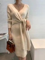 warm knitted korean style autumn solid jumper dresses thick 2021 winter pollover sweater dress women woman apricot grey vestido