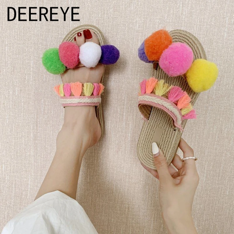 

Nationality Artificial Plush Female Flat Sliders Slippers Shoes Tassel Holiday Dress Beach Sandal Women Summer New 2021 Luxury