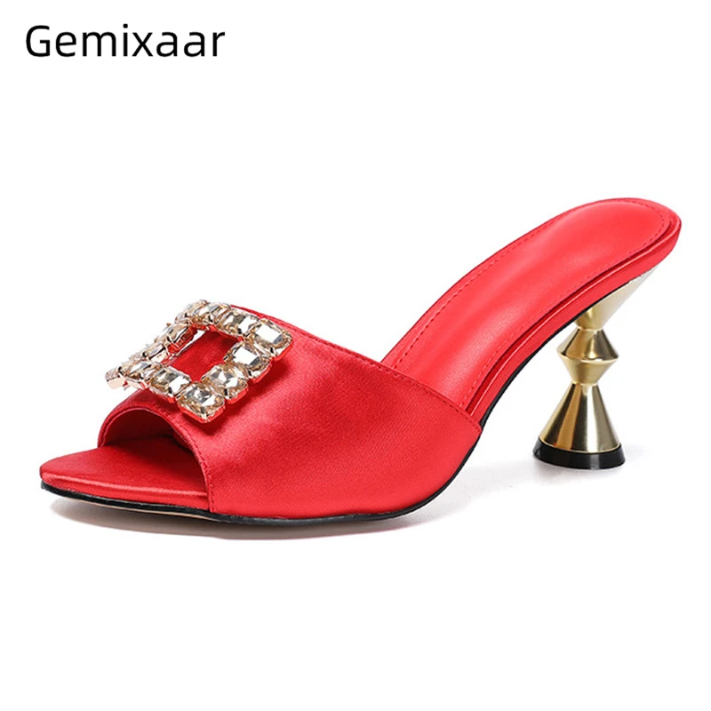 

Сандалии женские на необычном каблуке, уникальные туфли с квадратным каблуком, атласная обувь с квадратным украшением и пряжкой, летняя обу...