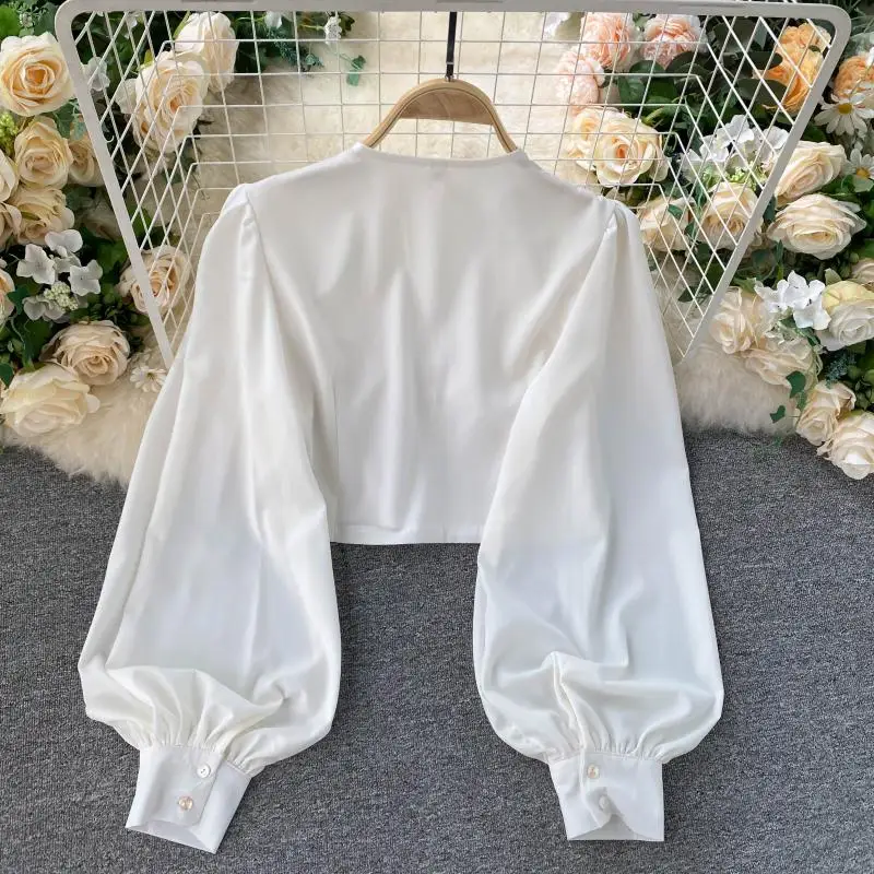 

Blouse Casual Single Breasted Shirts Autumn Fashion 2021 New Vintage Lantern Long Sleeve Short Tops Sexy V-Neck Black/White