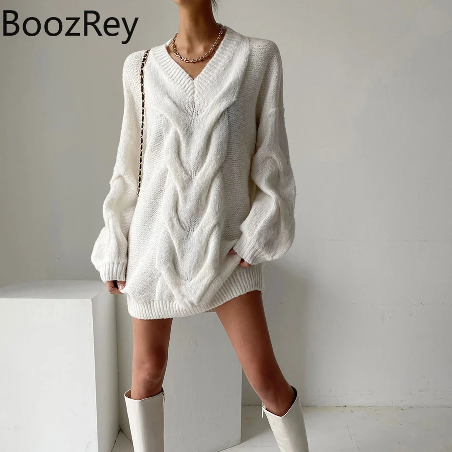 

Платье BoozRey женское вязаное выше колена, белый пуловер с длинным рукавом и V-образным вырезом, свободное трикотажное, одежда для осени