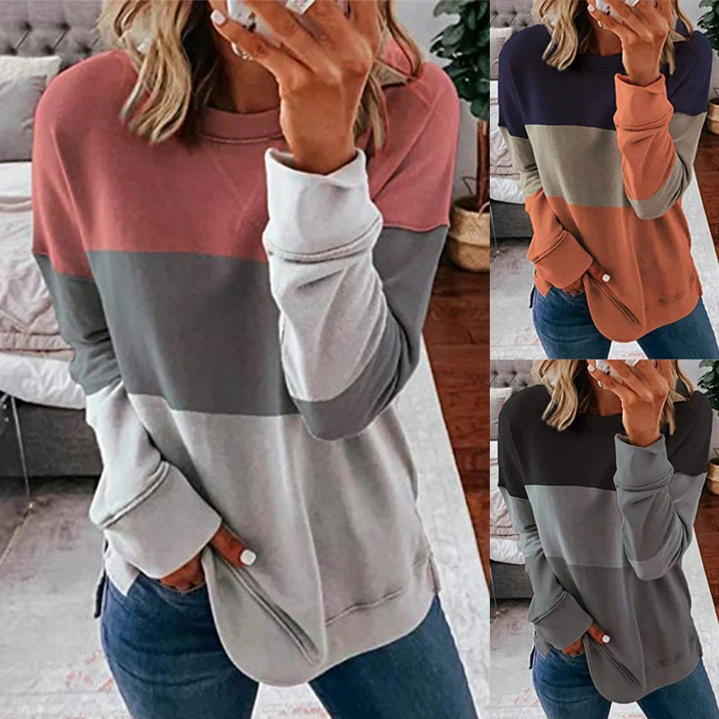 

Newly Spliced Oversized Crewneck Tops for Women Street Fashion Long Sleeve T Shirt Casual Classic Tunic Pullover for Spring m99
