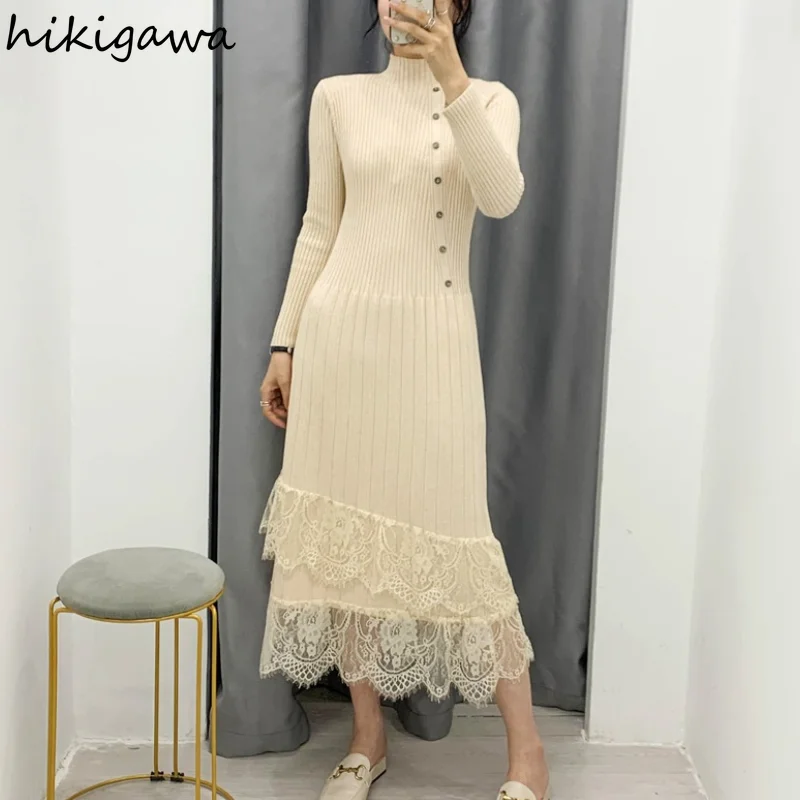 

Платье Hikigawa женское с круглым вырезом, приталенное элегантное универсальное кружевное в английском стиле, с длинным рукавом и высокой тали...