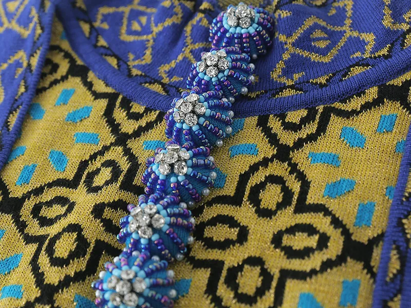 

Autumn Luxury High Quality Pullover Lady Dress Long Sleeve Jacquard Knitted Tops Vintage Diamond Button Women's Sweater Dresses