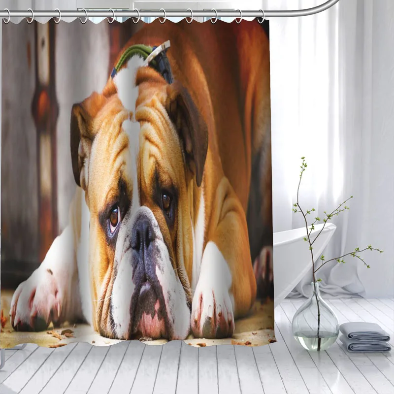 

ShunQian HOT SALE Bulldog Animal Shower Curtain Polyester Fabric 12 Hooks For The Bathroom Waterproof Mildew Funny Bath Curtain