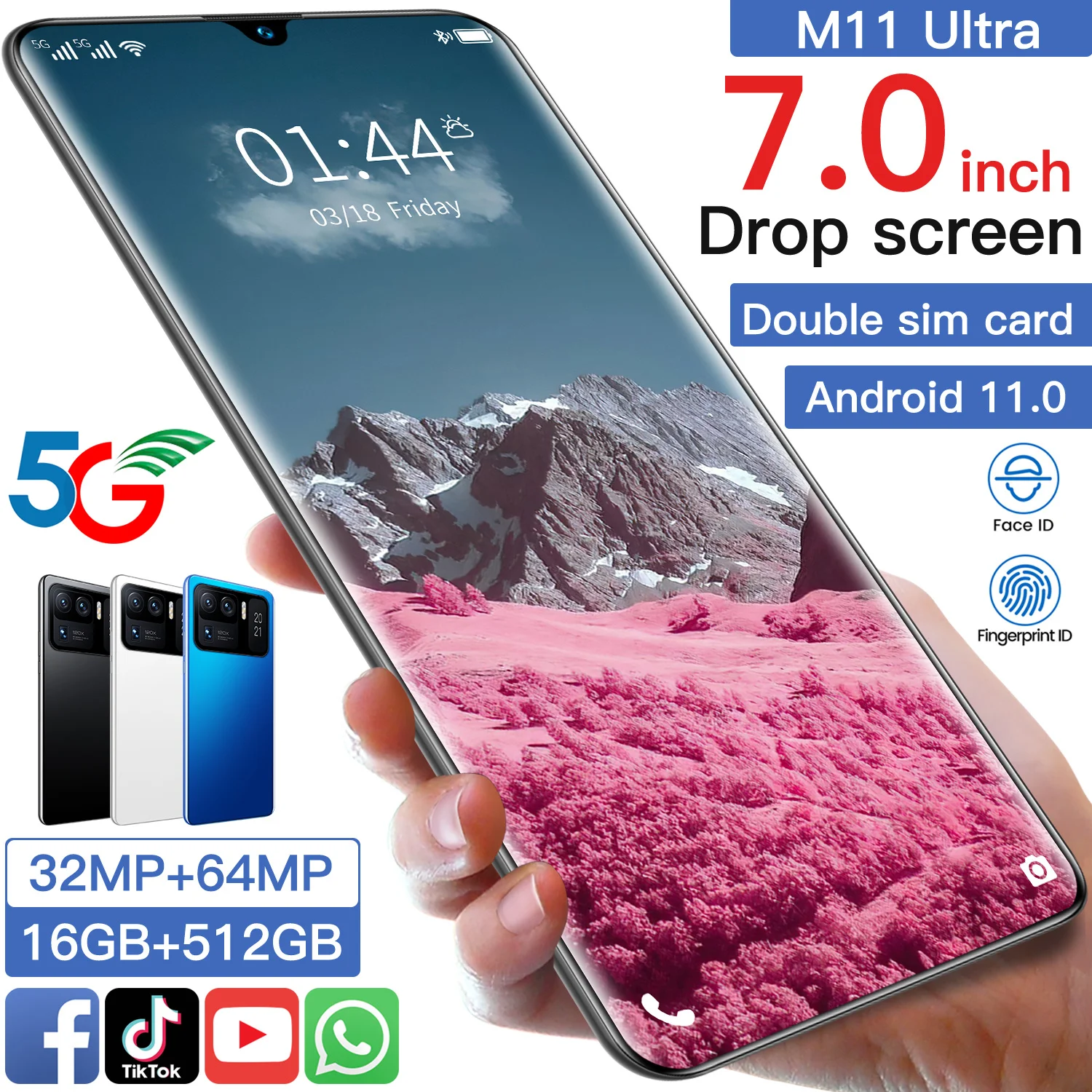 

7.0 Inch Big Screen M11 Ultra Global Smartphone 7200mAh Large Battery 32MP 64MP 16GB 512GB Snapdragon888 Face Unlock Android