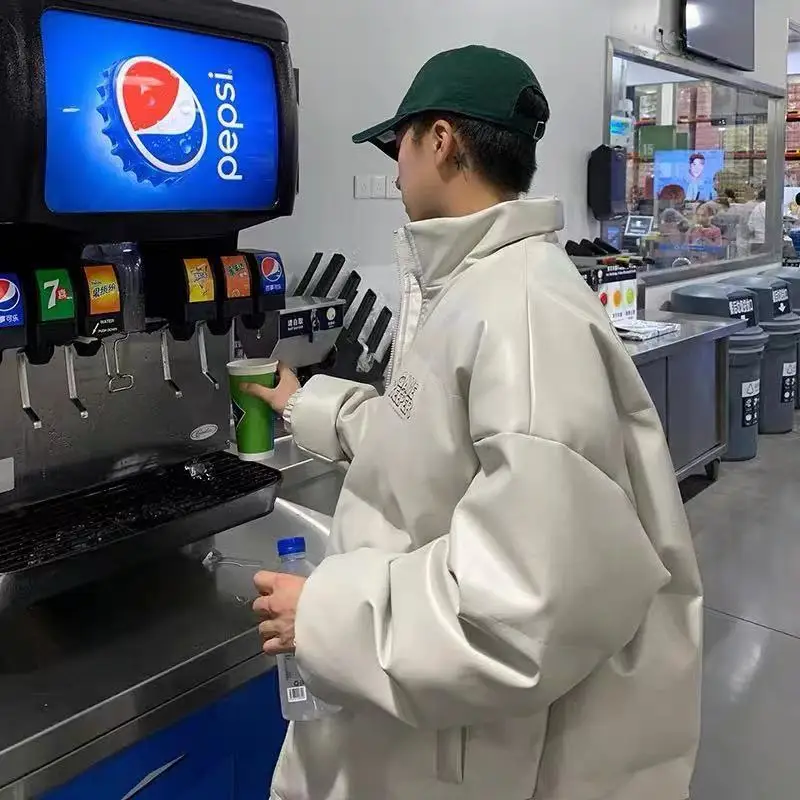 Leather Jacket Men's Winter Thick Padded Coat Korean Style Trendy Padded Jacket Winter Clothes Loose Casual Padded Clothes