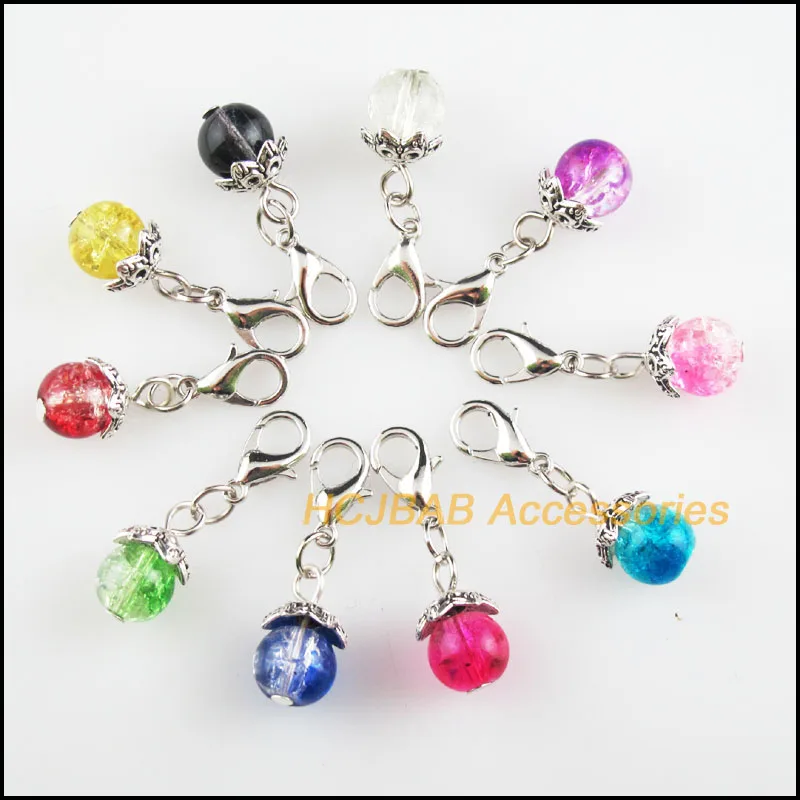 

20Pcs Tibetan Silver Tone Lotus Caps Retro Mixed Shivering Glass 8x15mm With Lobster Claw Clasps Charms