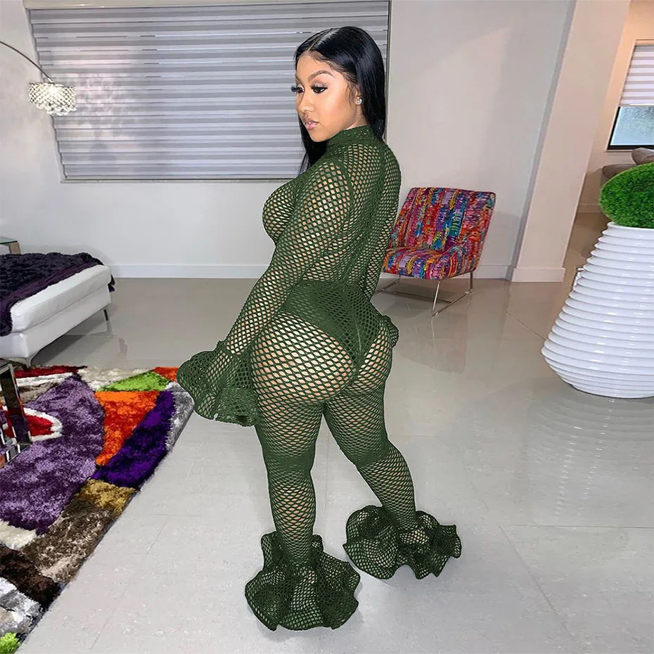 HAOYUAN Sexy Fishnet Sheer Rompers Womens Jumpsuit Long Sleeve Bodycon Overalls Festival Clothing Fall Club One Piece Jumpsuit