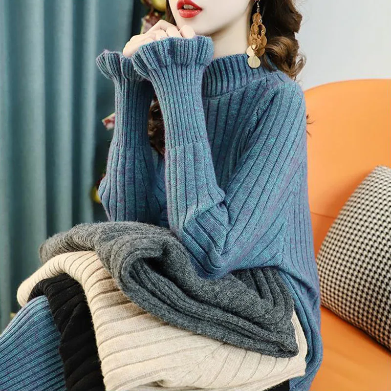 

Fashion Ruffles Turtleneck Knee-Length Knitted Dress Autumn winter Loose Elastic Long Sleeve Dresses Korean Big Size Dress