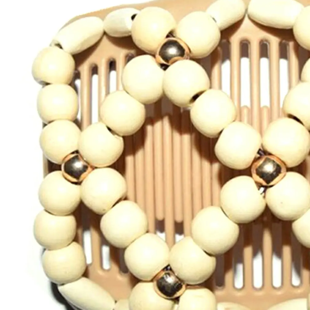 

Fashion Professional Wooden HairComb Ladies Magic Beads Elasticity Double Clip Bead String Clamp Stretchy Hair Combs Accessories