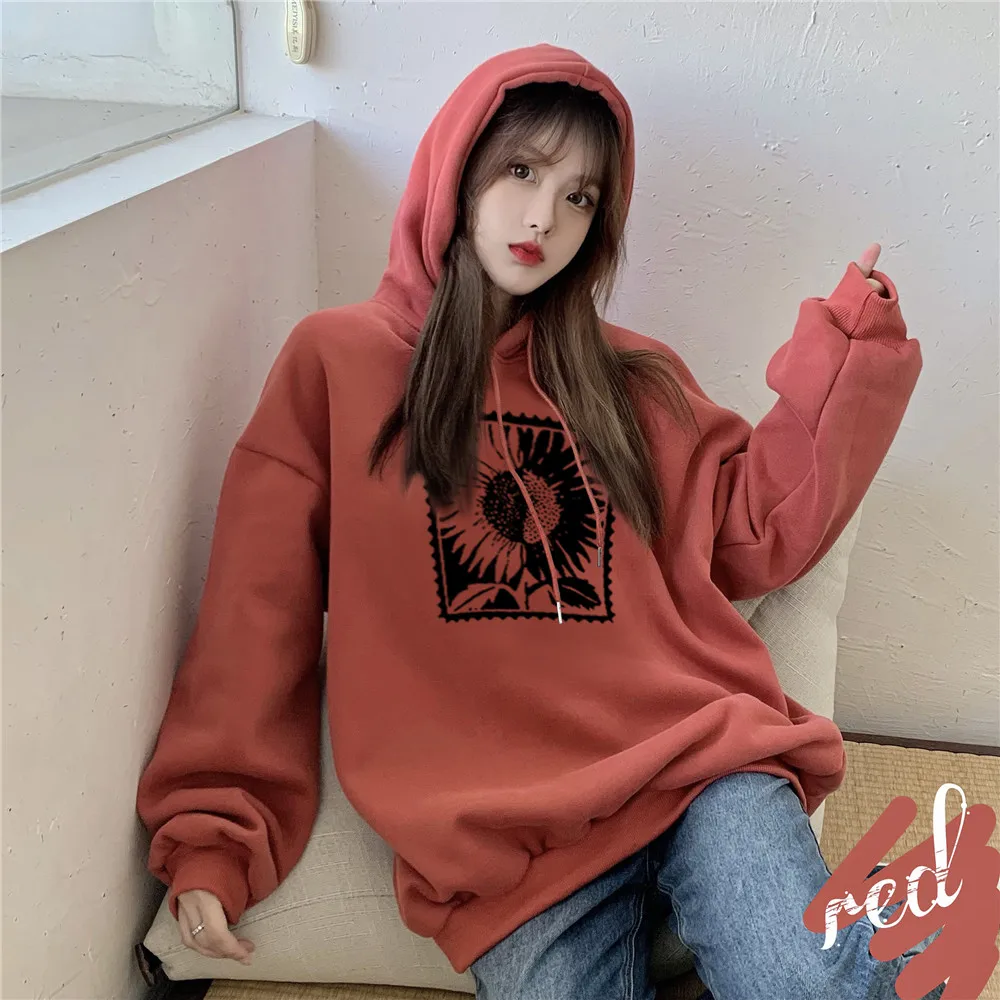

XZ914 women new autumn and winter plus velvet thick hooded sunflower Lovely wind Sweatshirts