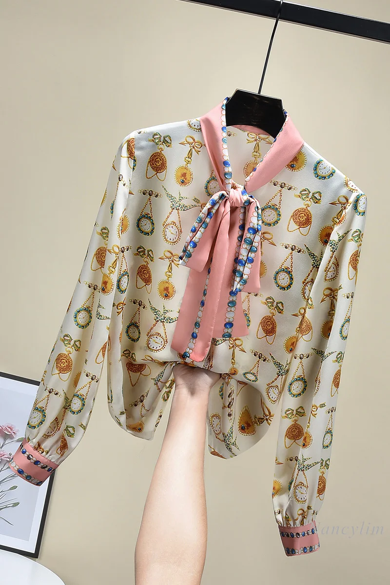 

Elegant Chiffon Shirt Women New Chic Bow Top Sweet Printed Blouse for Office Lady Female Cloth 2021 Spring Summer Nancylim