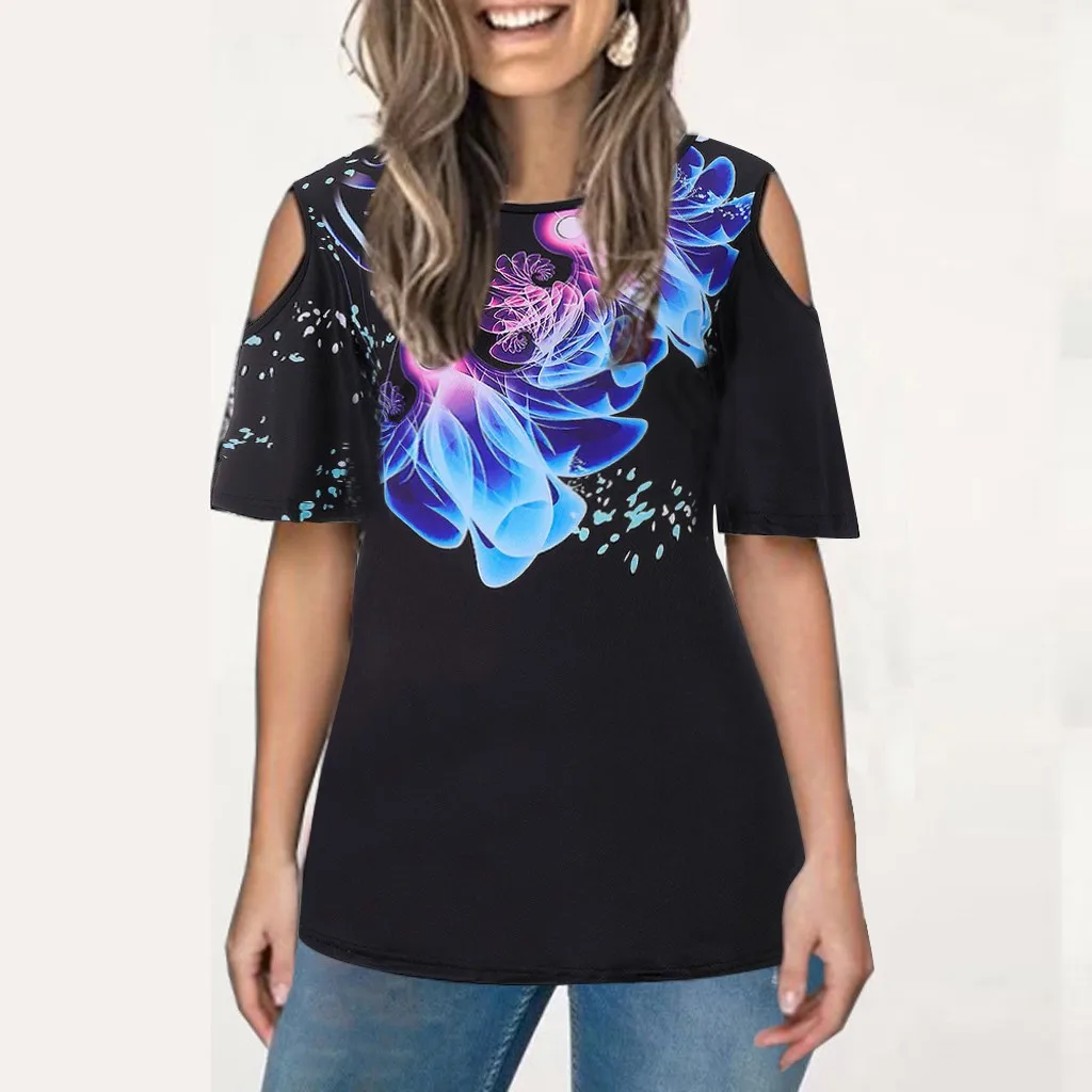 Модная Цветочная блузка размера плюс с открытыми плечами и круглым вырезом