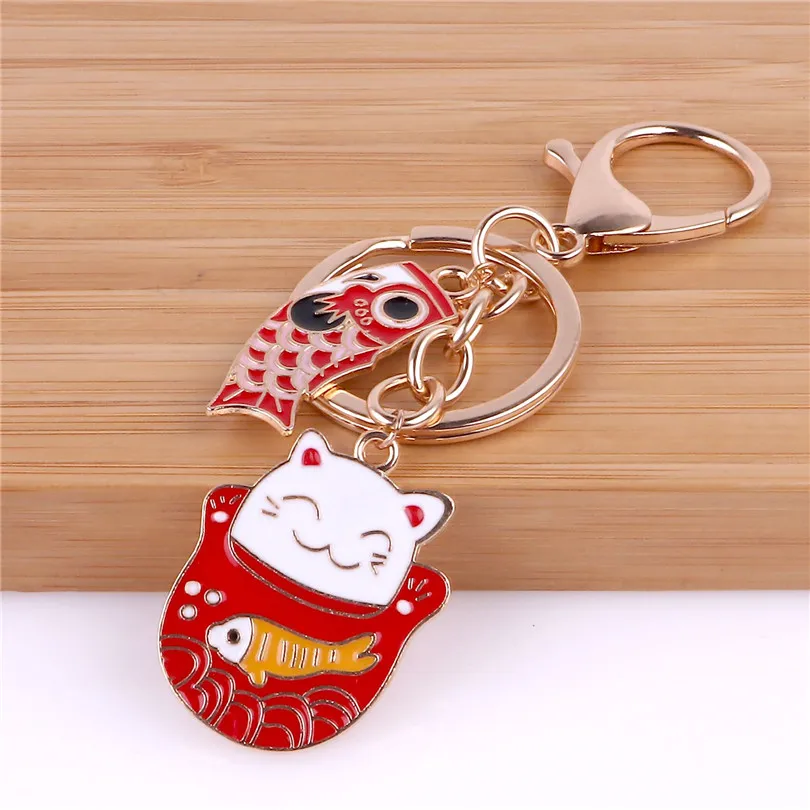 Модный Ювелирный брелок китайский Стиль эмаль красный с рисунком кота и рыбки