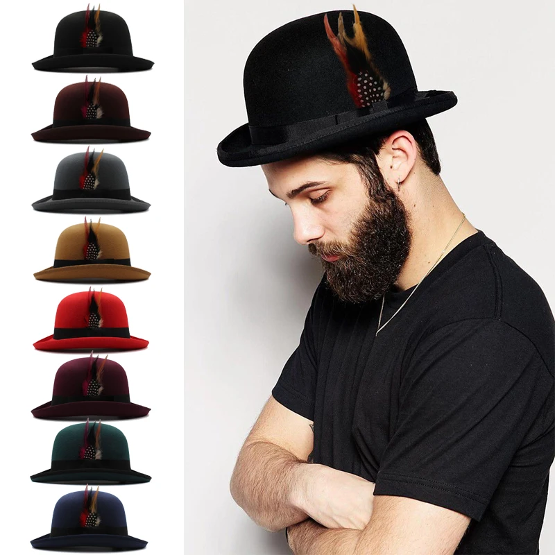 

Men Women Oval Top Feather Band Bowler Hats Retro Roll Rim Derby Cap Sunhat Party Street Style Winter Outdoor Size US 7 3/8 UK L