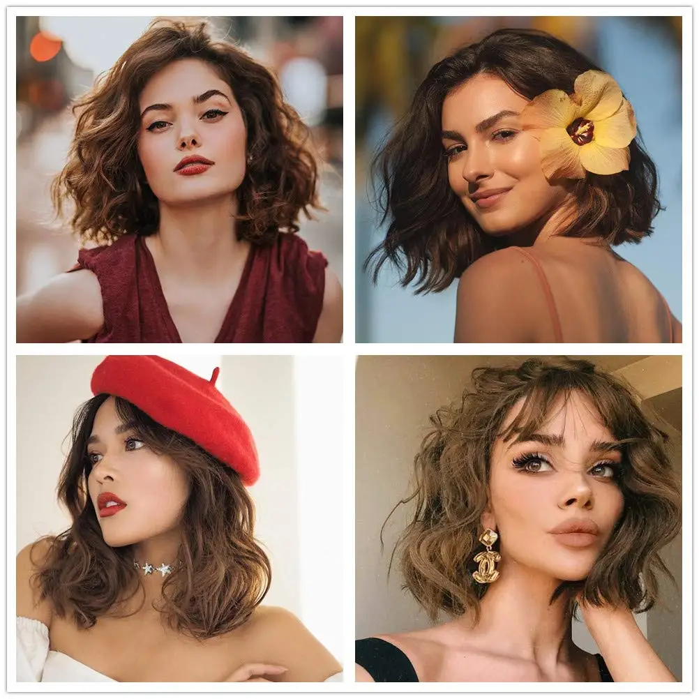 

Short Wavy Bob Synthetic Wig With Bangs Black Mix Brown Hair Heat Resistant Wig for Women Daily Use