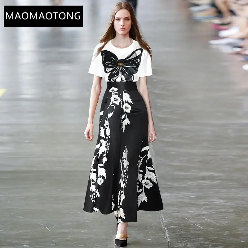 

2021 Fashion Designer Summer Skirts Suits Women's White Short Sleeve T-shirt And Black Printed Skirts Two Pieces Set