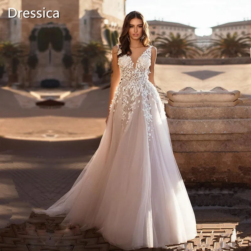 

V Neck Floral Champagne Wedding Dress A Line 2021 New Design Bridal Gown
