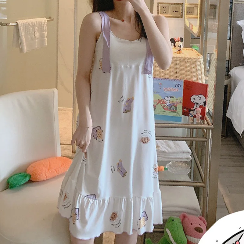 

2020 Suspender Nightdress Female Summer with Chest Pad Cute Cartoon Korean Version Sleepwear Night Dress Women Fantazi Gecelik