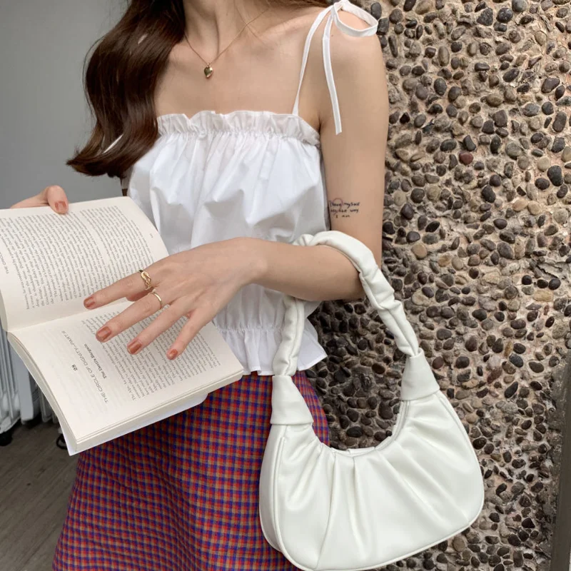 

Простая однотонная женская сумка, кошельки, модная подходящая ко всему женская сумка с полумесяцем, женские плиссированные сумки через пле...