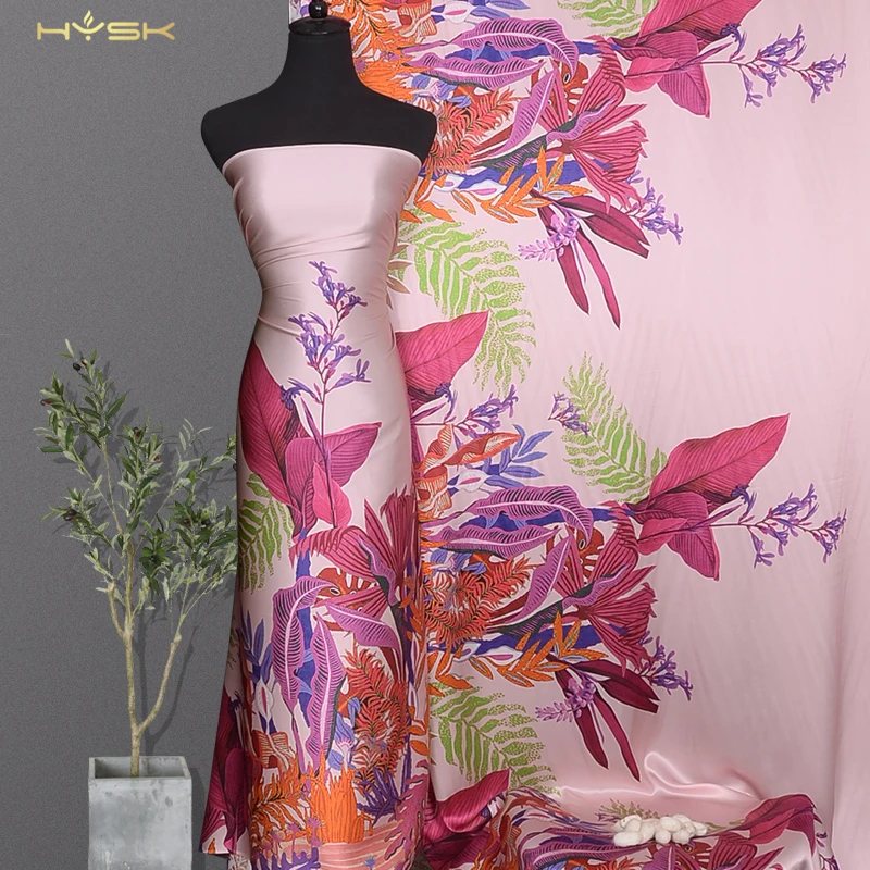 

Ткань HYSK, 100% шелк, сатин, для женщин, принт в джунглях, тяжелый натуральный шелк, шармез, моющиеся материалы для пижам, платьев, E2208