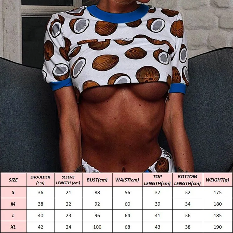 

Women Cute Pajamas Coconut Print Tracksuits CropTop+Mini Elastic Waist Shorts Women Two Piece Outfits Summer Home Nightwear Sets