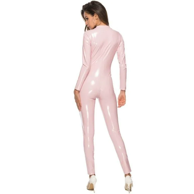 

Faux Leather Jumpsuit Women Black Red Pink Open Crotch PU Leather Jumpsuit With Zipper Plus Size Pole Dance Night club Rompers