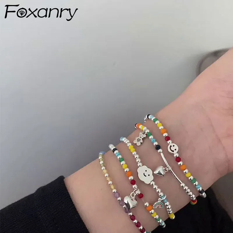 

GOLDRIA 925 Sterling Silver Bracelets For Women Fashion Vintage Couples Handmade Colorful Beads Simple Smiley Face Party Jewelry