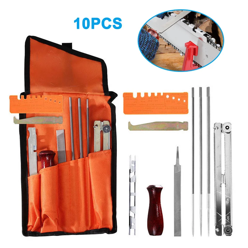 

HOT 10Pcs/Set Chainsaw Sharpener File Kit Wood Handle Depth Gauge Tools for Sharpening Filing NDS