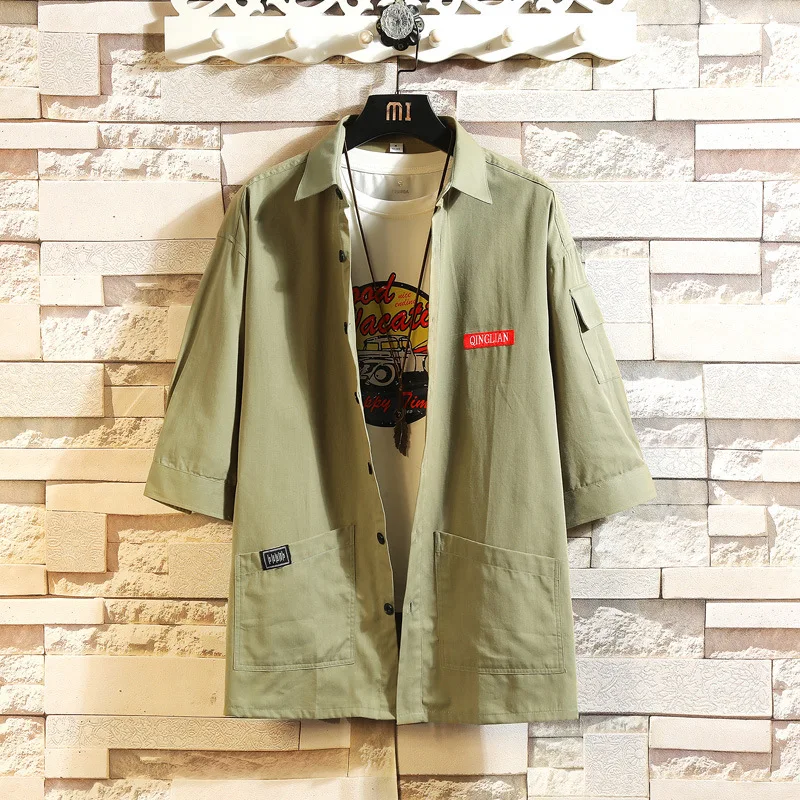 

Cotton Solid Color 3/4 Sleeve Shirt Men 2021 Summer Thin Section Fashion Casual Shirt Youth Lapel Camisas Para Hombre