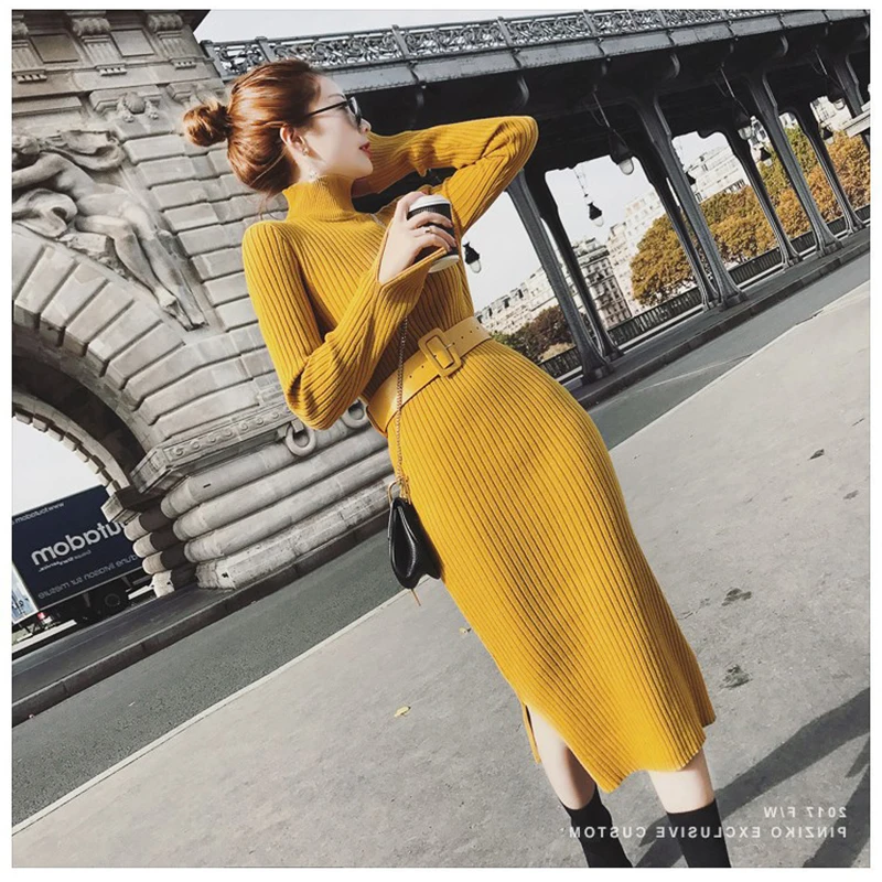 A-yellow Semfri платье Женский Длинный свитер платье зима фонарь рукав бодикон vestidos высокое качество o-образным вырезом пояс вязаные платья - Цвет: A-yellow