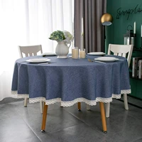 cotton and linen solid color round tablecloth dust proof and scratch proof table cover large round table cloth with lace edged