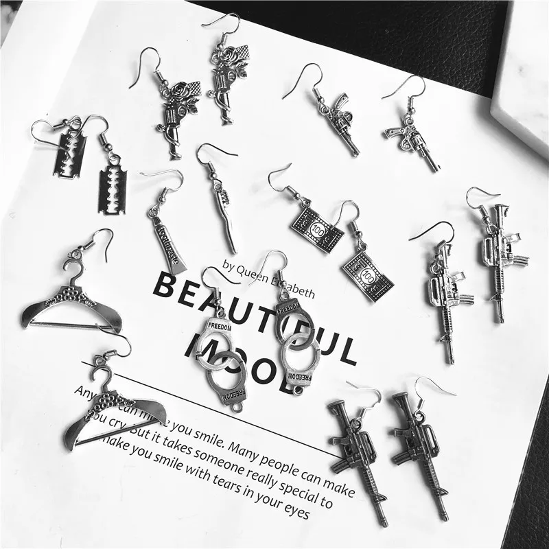 

goth creative cool dangle earrings men punk Handcuffs pistol coins blade hanger fashion jewelry korean drop statement earings