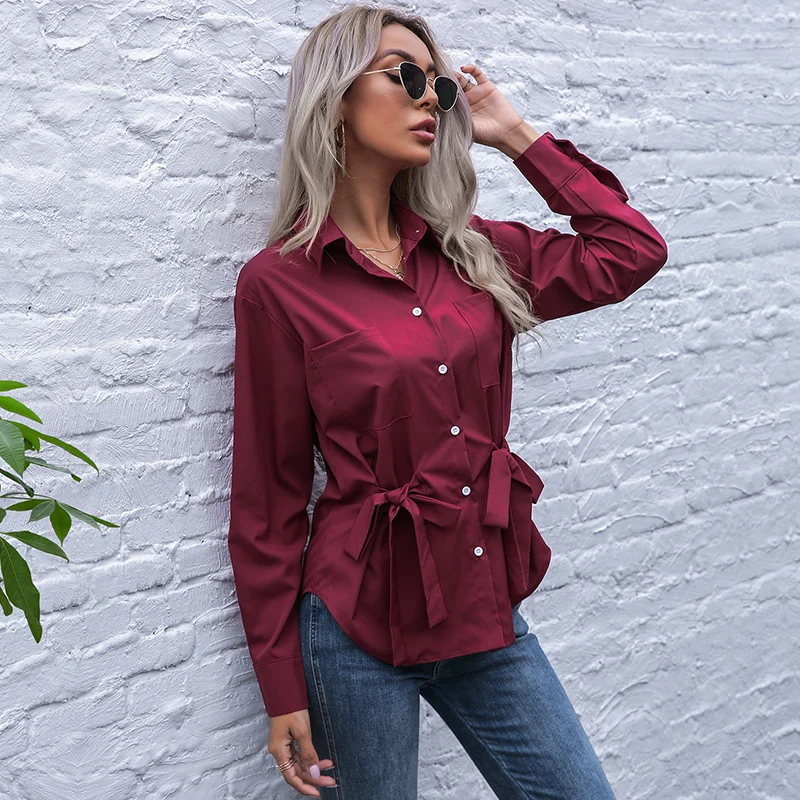 

Women Blouse Solid Turn Down Collar Single Breasted Shirt Long Sleeve Bow Cotton OfiiceWear Shirts Lady Commute Clothes