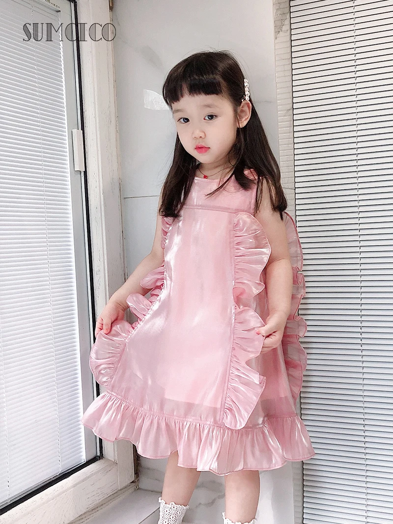 Sumcico 2020SS новейшее платье из органзы для девочек милое стильное розовое с оборками