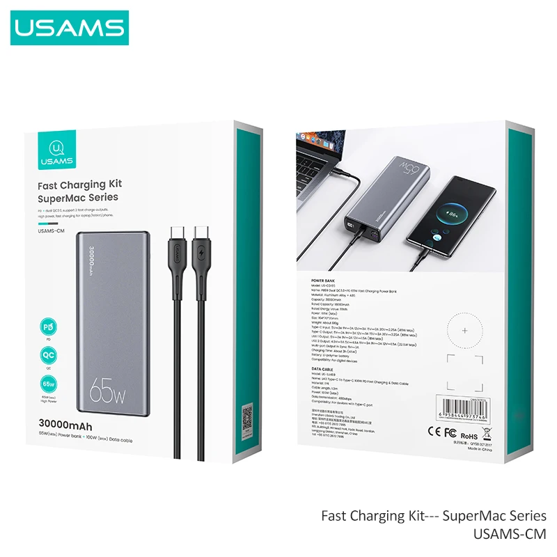usams 30000mah 65w pd qc fcp afc fast charging power bank with 100w usb c cable for iphone huawei xiaomi tablet laptop battery free global shipping