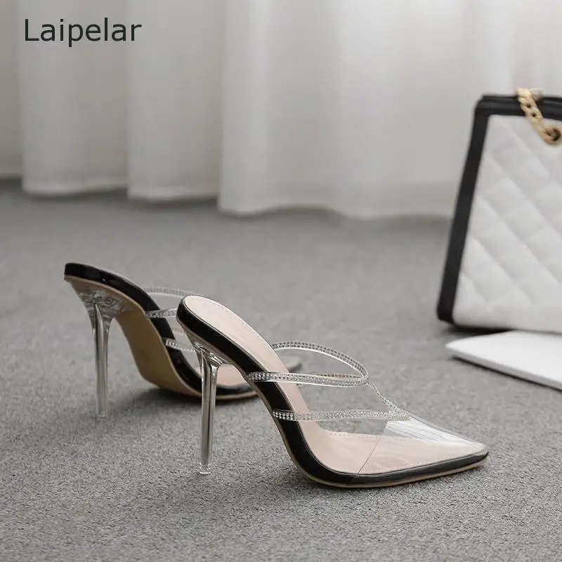 

2021 Summer New Sexy Transparent Pvc Pointed Toe Rhinestone Stiletto Super High Heel Sandals Solid Color Plus Size Women Sandals