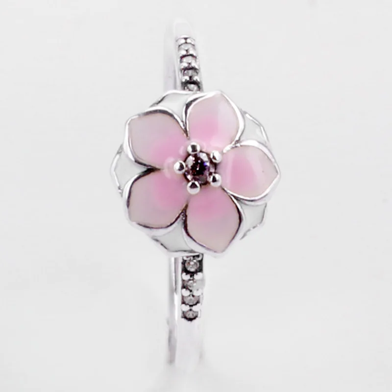 Оригинальное кольцо с розовым эмалем и цветком магнолии с кристаллом для женщин, серебро 925, свадебный подарок, изысканное ювелирное изделие Европы.