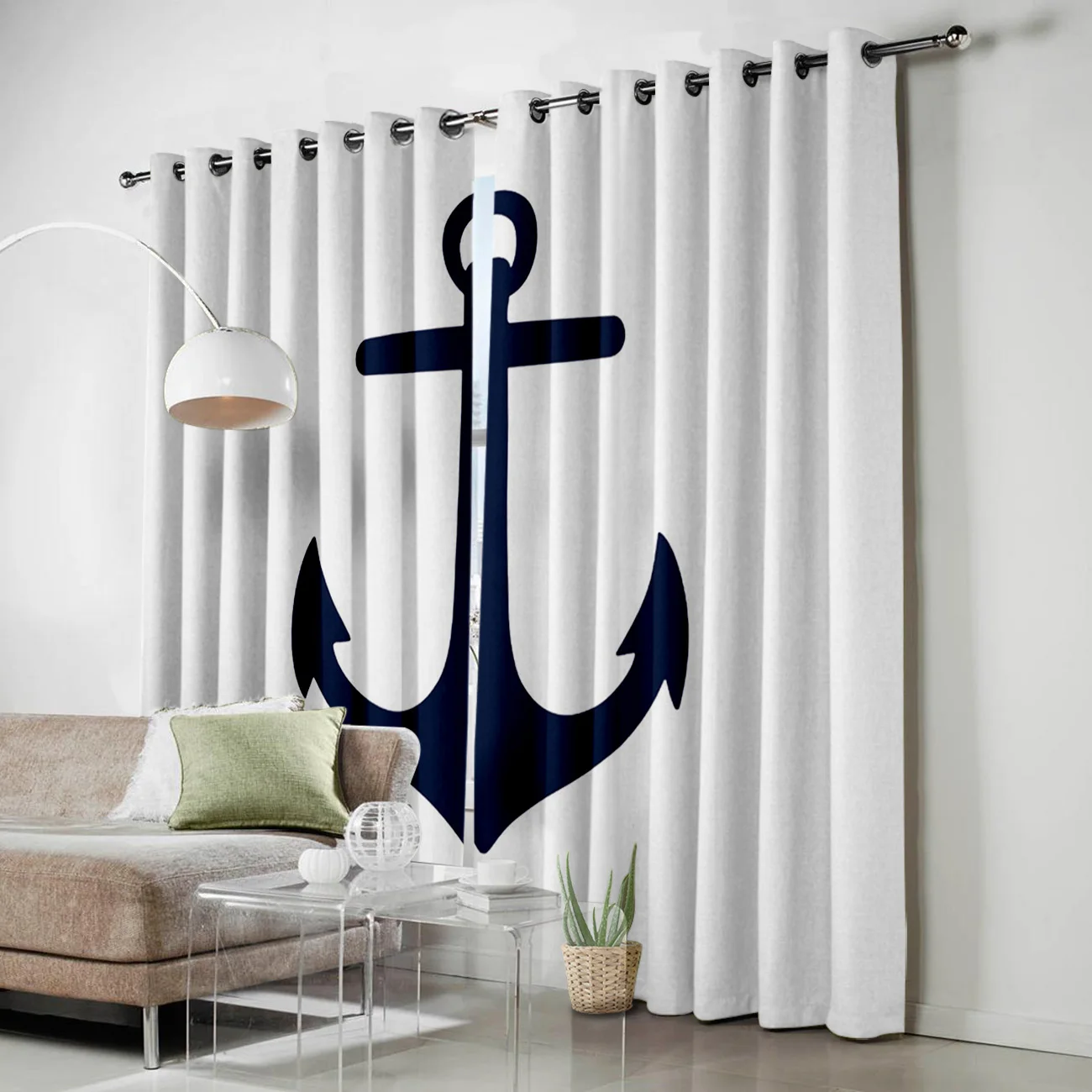 Занавески Якорные синие и белые для комнат большие шторы с цветами люверсами
