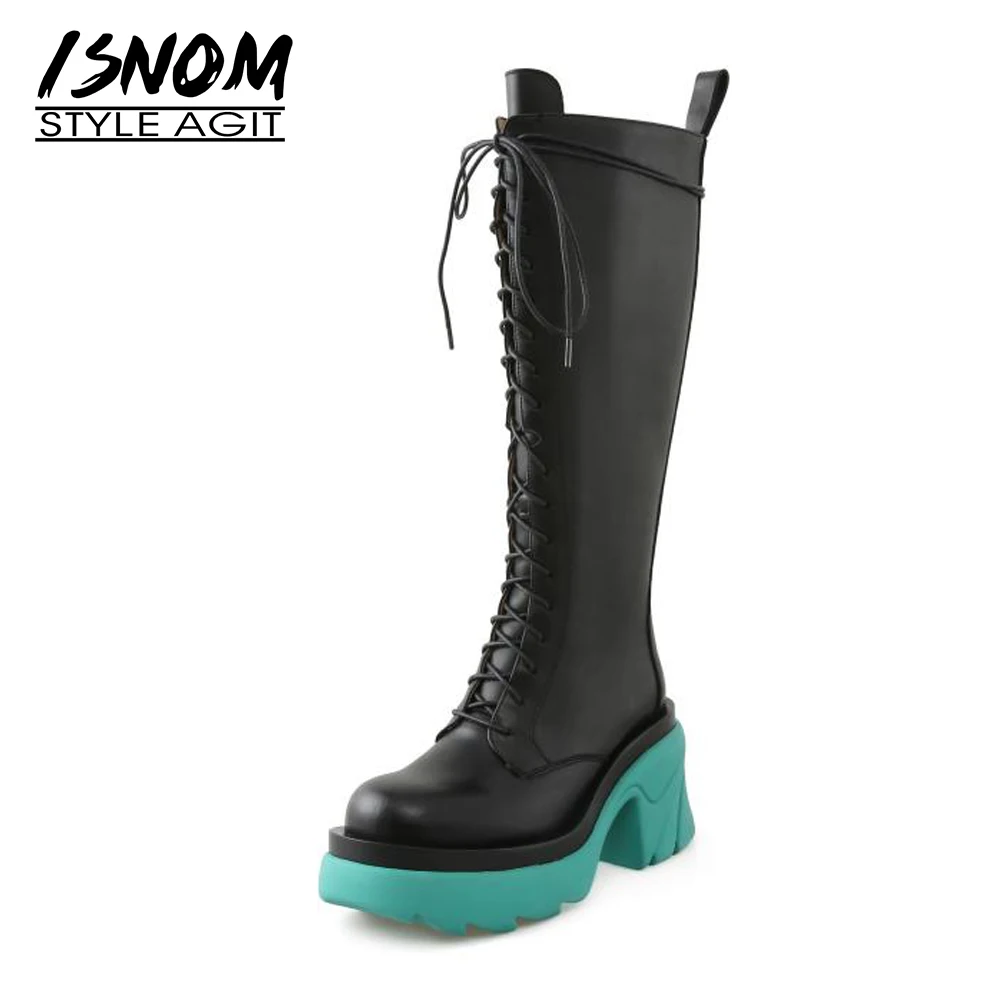 

ISNOM/женские сапоги до колена из натуральной кожи; Нескользящие ботильоны на платформе и толстом высоком каблуке со шнуровкой; Теплые зимние ...