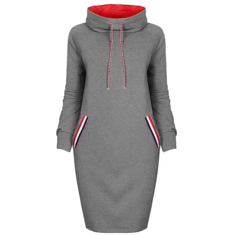 dark gray dress Fionto женское осенне-зимнее платье миди тонкое повседневное однотонное с длинным рукавом с карманом худи с капюшоном платья S-3XL облегающее теплое платье - Цвет: dark gray dress