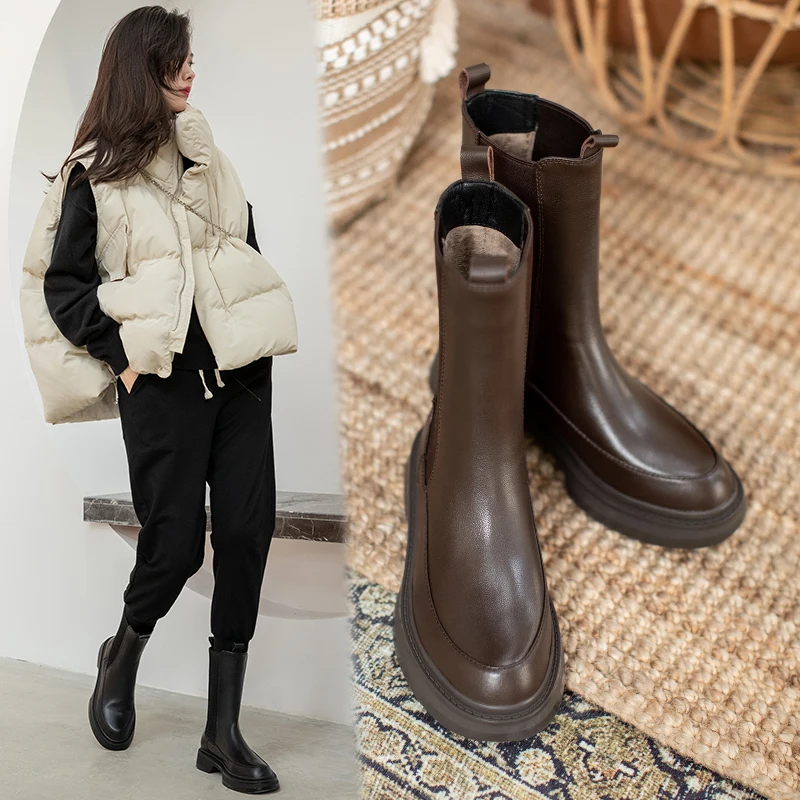 

New Autumn/Winter Boots Women Cow Leather Round Toe Platform Boots Solid Flat Mid-calf Boots for Women Slip-on Short Boots Women