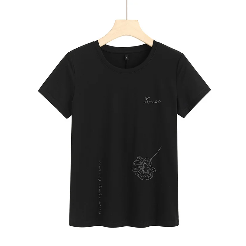 

2021 modal comfort embroidery basic round neck short sleeve T-shirt women's straight 6936