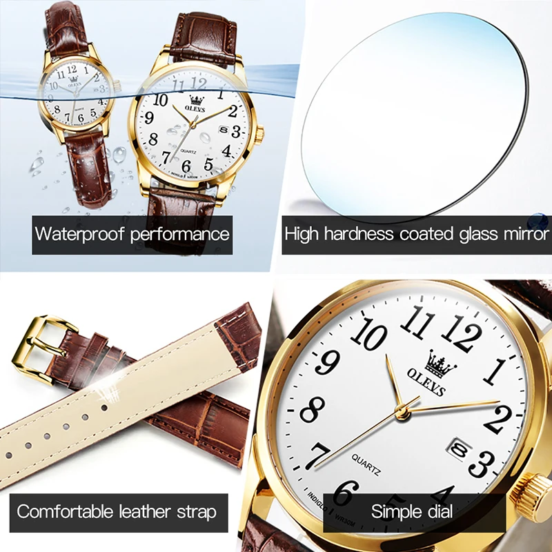 OLEVS 2022 New Fashion Brown Leather Quartz Watch Top Brand Luxury Full Gold Frame Luminous Hands Waterproof Couple Watch 5566