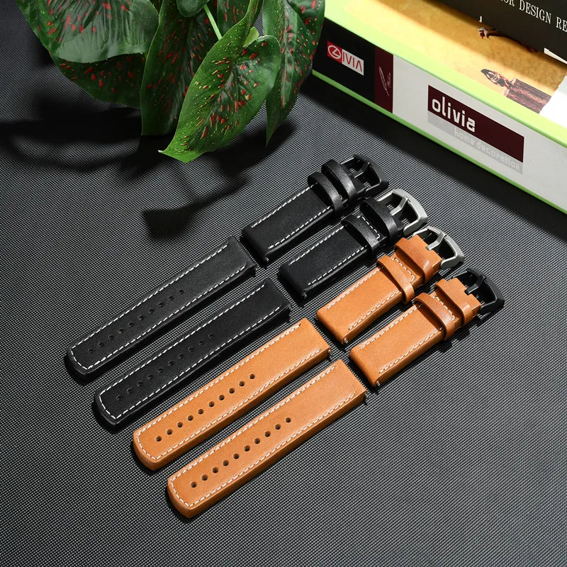 

24mm Genuine Stitch Leather Watch Band Sport Black Brown